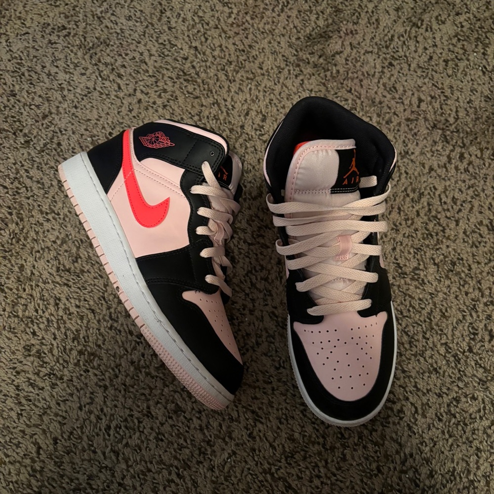 Jordan 1 Mid Pink Black and Hot Coral Sneakers